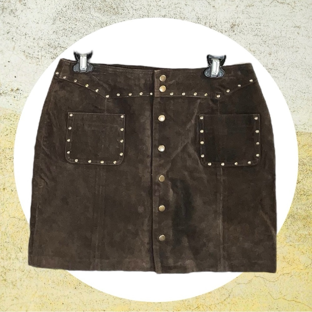 Route 66 Vintage Brown Suede Leather Snap Up Mini Skirt Women Sz 6
